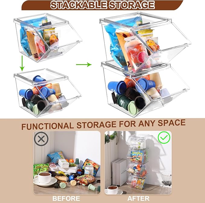 Yerliker 6 Pcs Clear Plastic Storage Bins with Lids Large Stackable Pantry Storage Organizer Bins Kitchen Organization Cabinet Organizers Ideal Containers for Fridge, Kitchen, Cabinets (Clear)