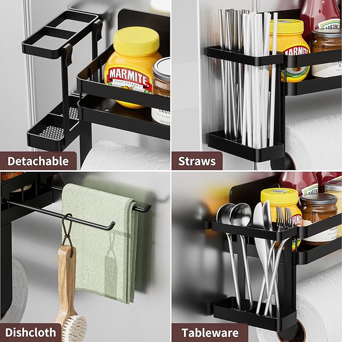 ZUNTO Magnetic Paper Towel Holder with Extra Straws Holder, Strong Magnet Paper Towel Roll Rack for Fridge with Spice Shelf and 2 Hooks, No Drilling Kitchen Organizer for Refrigerator, RV, Bathroom