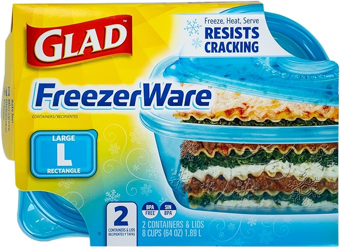 Glad GladWare FreezerWare Food Storage Containers with Lids, Large Rectangle BPA Free Plastic for Freezing Soups Meals and Batch Cooking, Crack Resistant, Microwave Dishwasher Safe, 64 Oz, 2 Count