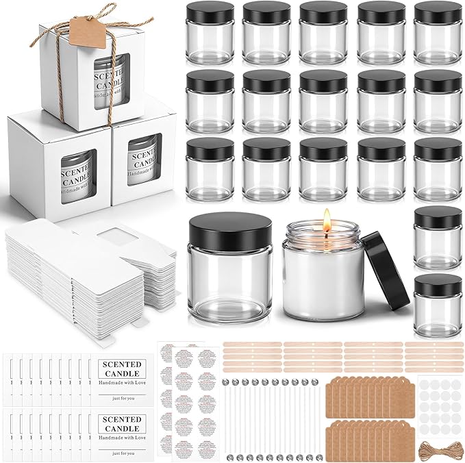 MTLEE 20 Pack 4oz Glass Candle Jars with Lids Round Empty Candle Container with Candles Making Kits Labels Gift Box Empty Canning Jars for Food Storage Spice Liquid