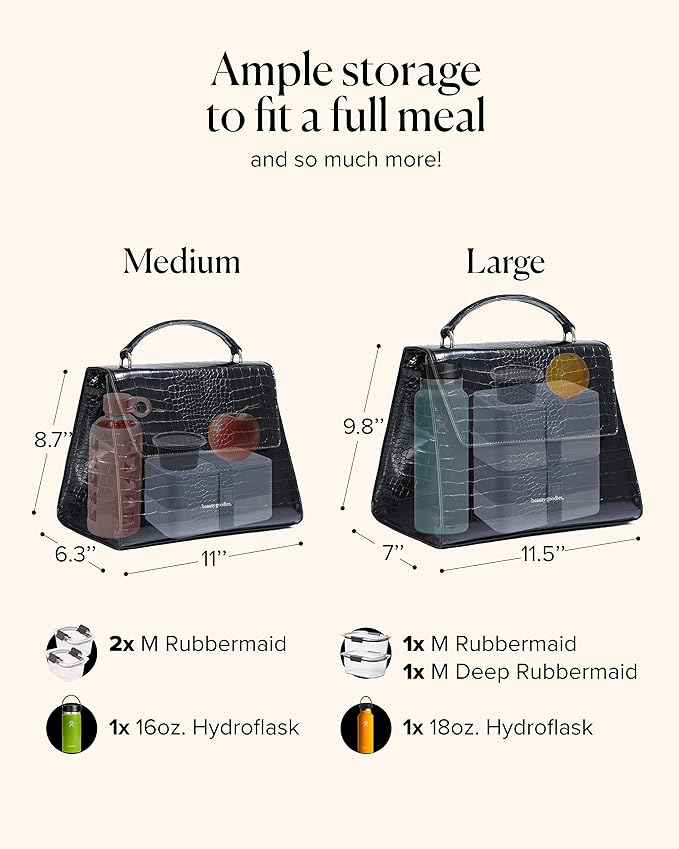 BEAUTYGOODIES - Large Insulated Lunch Bag, Black Croc Purse and Bag for Work, Lunch and Picnics. Designer Croc with Vegan Leather, Classy, Insulated Lunch Tote Bag for Women. Cute and a Great Gift !