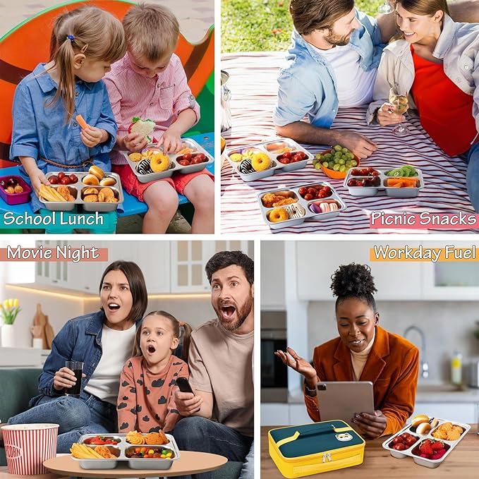 KTKUDY 3 Pack Stainless Steel Snack & Lunch Containers for Kids & Adults - with Plastic Lids & Lunch Bag - 4 Compartments Metal Bento Lunch Box - Meal Prep Containers - Toddler & Kids Plates