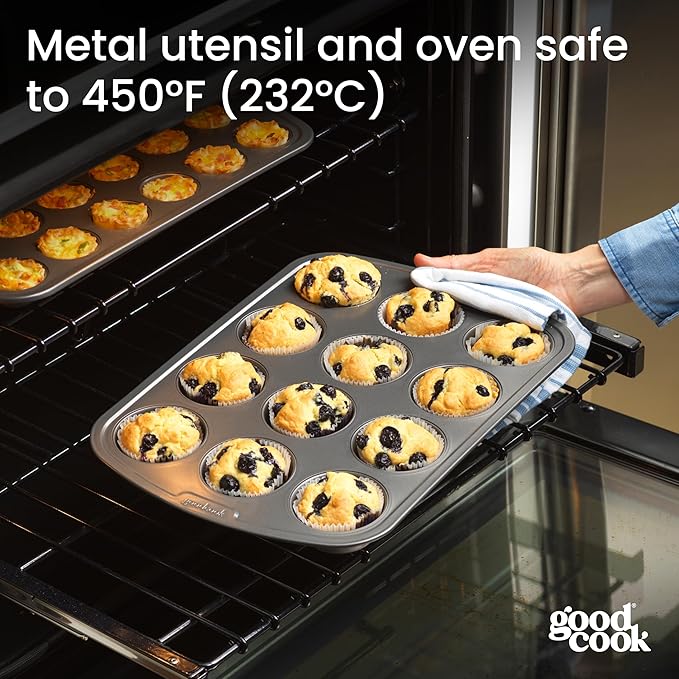 GoodCook Set of 2 Everyday Nonstick Muffin Pans – 12‑Cup Standard and 24‑Cup Mini, Gray