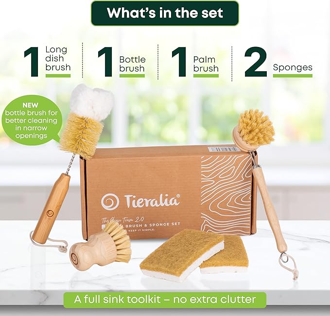 Tieralia Bamboo Dish Brush Set 5 Piece – Eco Friendly Kitchen Cleaning Kit with Bottle Brush, Long Dish Brush, Palm Scrubber & 2 Plant-Based Sponges | Plastic-Free Natural Dish Scrubber