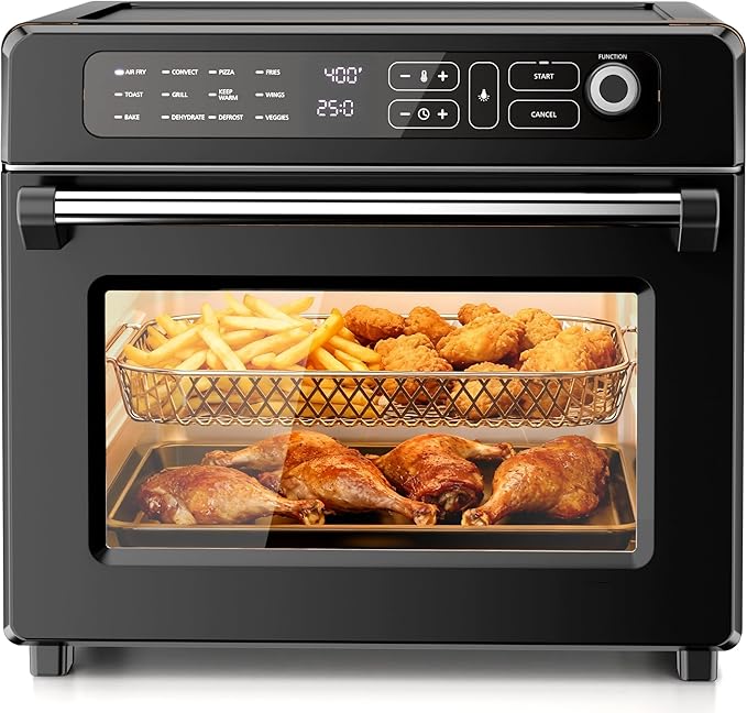 Kismile 25QT Air Fryer Toaster Oven Combo, 12-in-1 Large Countertop Convection Airfryer Oven, 70–450℉, Bake, Roast, Reheat, Broil, Fits 12″ Pizza, Includes Full Accessories, Stainless Steel(Black)