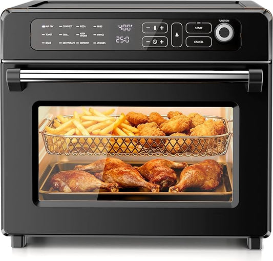 Kismile 25QT Air Fryer Toaster Oven Combo, 12-in-1 Large Countertop Convection Airfryer Oven, 70–450℉, Bake, Roast, Reheat, Broil, Fits 12″ Pizza, Includes Full Accessories, Stainless Steel(Black)