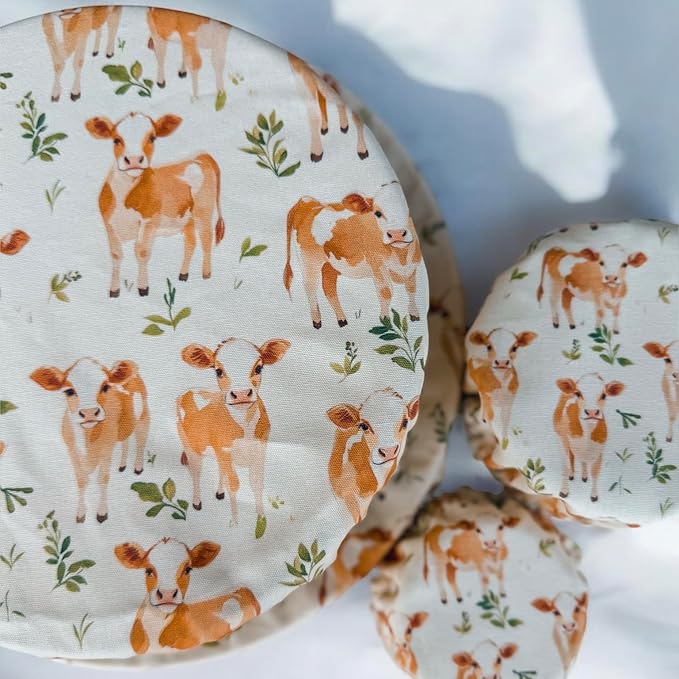 (4-Pack) Sourdough Reuseable Jar & Bowl Covers | Cute Baking Gift | 100% Cotton | Washable | Bread Proofing | Kitchen Food Storage Gifting | Starter Cover Lid Kit (Jersey Cow)