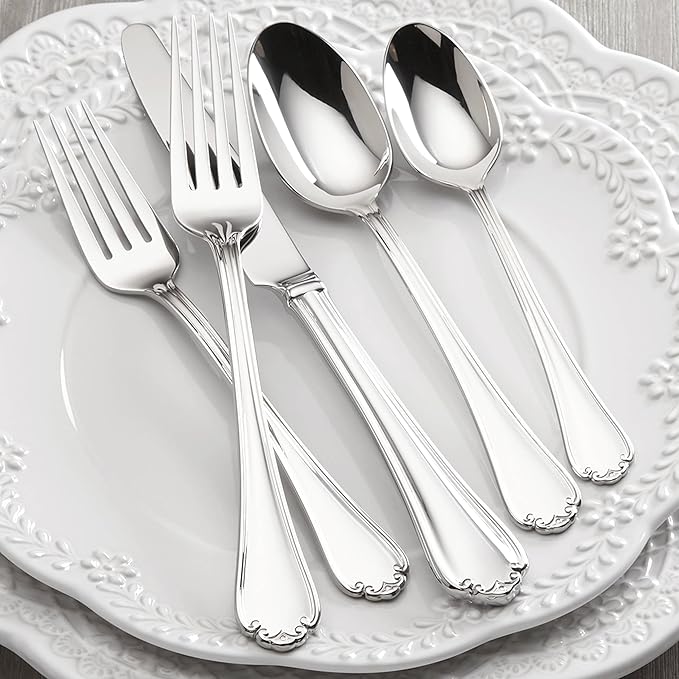 Lenox Silverware Set, Chelse Muse 65-Piece Flatware Set, Service For 12, 18/10 Stainless Steel, Dishwasher Safe, Knives Spoons And Forks Sets, Home And Kitchen Utensils (Silver, 65 Pieces)