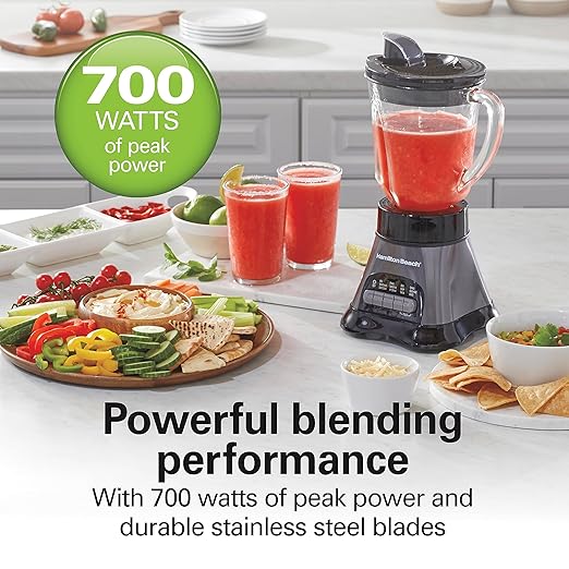 Hamilton Beach Blender and Food Processor Combo for Shakes & Smoothies, With 3 Cup Electric Food Chopper Attachment, 40 oz Glass Jar, Blender Travel Cup, 700 Watts Peak Power, Gray & Black (58163)
