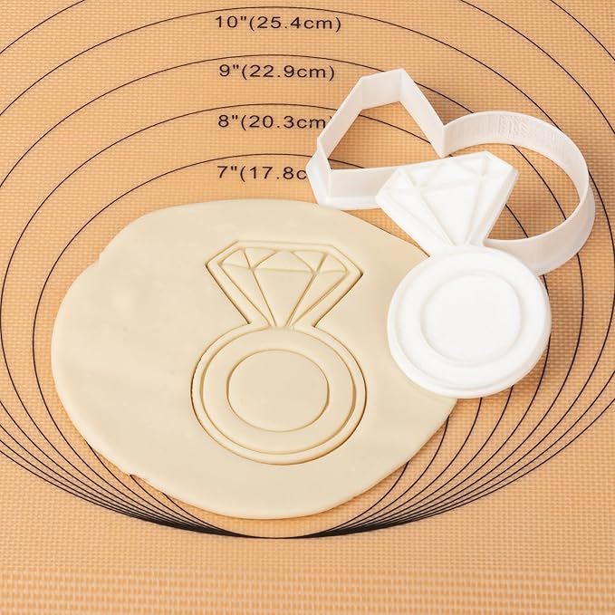 Flycalf Diamond Ring Cookie Cutter with Plunger Stamps Cake Decoration for DIY Biscuit Cutter Baking PLA Holiday for Kids Party 3.5" Kitchen Supplies