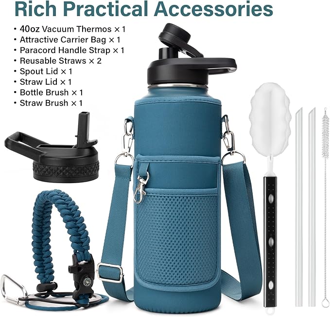 DYSANKY Insulated Water Bottle | Thickened Stainless Steel Vacuum Metal | Portable Sports Water Jug for Gym and Hiking with Straw, Carrier Bag, Handle Strap | BPA-Free 40 oz