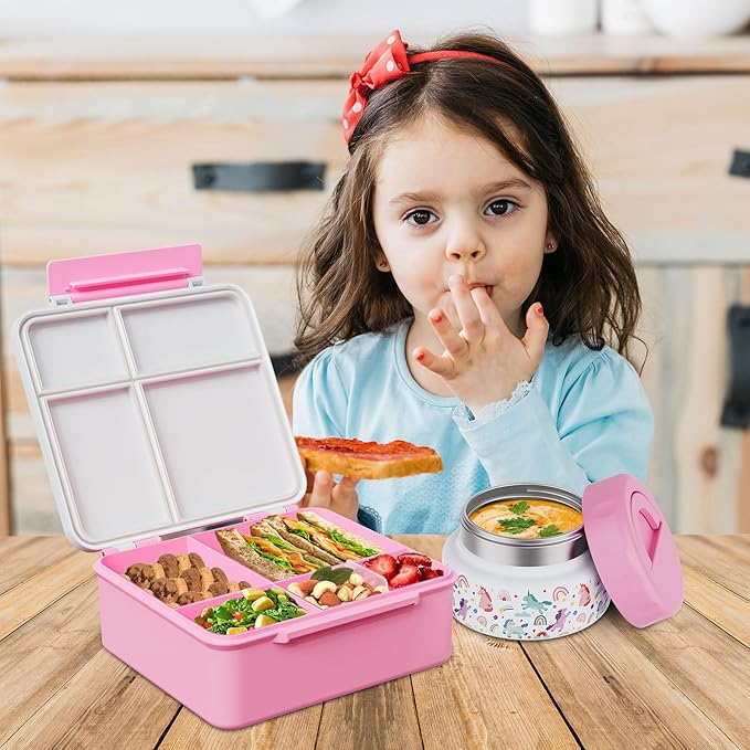Bento Box for Kids with Thermo Food Container (9oz), 4-Compartment Lunch Box, Adjustable Divider, Leakproof Bento Lunch Box, Includes Utensils & Carry Bag for School, Office(White-Horse)