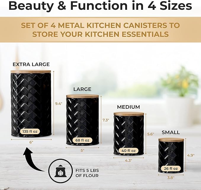 Pebble & Stem® Black Metal Canister Set for the Kitchen Counter, Food Canister Set of 4, Airtight Lids, Sugar and Flour Containers for Countertops, Coffee and Tea Storage, Farmhouse Decor