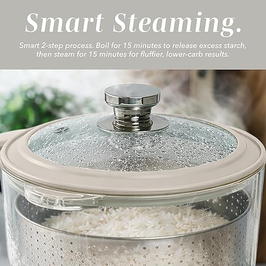 COOK WITH COLOR 3L Glass Mini Low Carb Rice Cooker – Holds 2 Cups Raw/Makes 6 Cups Cooked with Auto Lift Filter Basket, Hotpot & Steamer for Rice, Grains, Digital Panel with Keep Warm, Cream