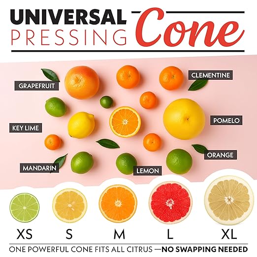 Gourmia Automatic Citrus Juicer - 17 oz Capacity, One-Touch Operation, Universal Cone, Anti-Drip Spout, Dishwasher-Safe Accessories, Compact Quiet 60W Motor