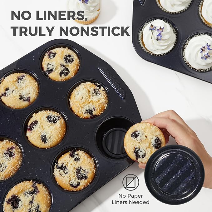 HONGBAKE 9-Piece Non Stick Baking Pans Set with Wave Texture for Reduced Oil, 0.8mm Thick Non Toxic Bakeware Sets, Includes Stackable Cookie Sheets for Oven Cooking, Cake Pan, Muffin Pan, Blue