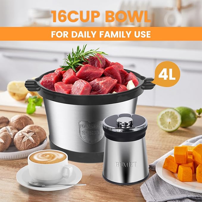 BUMET 16 cup steel bowl 850W Electric Food Processor,LED timer. 3-Tiered 6 Cutting Edges blade for mincing, chopping,Ideal as meat grinder,fresh vegetables chopper,pet food process in kitchen.