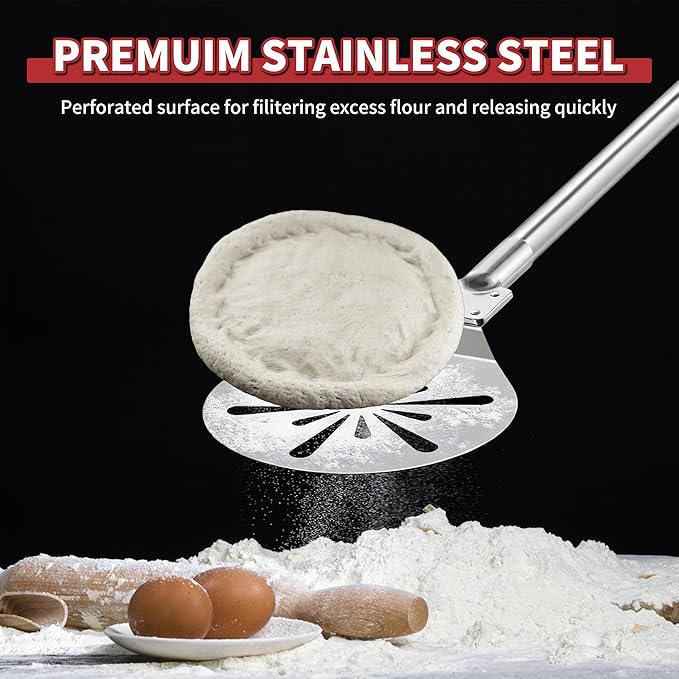 Stainless Steel Pizza Turning Peel 7-Inch, HaSteeL Round Pizza Turner Paddle, Perfortaed Pizza Spinner Spatula with Long Detachable Handle, Dishwasher & Oven Safe