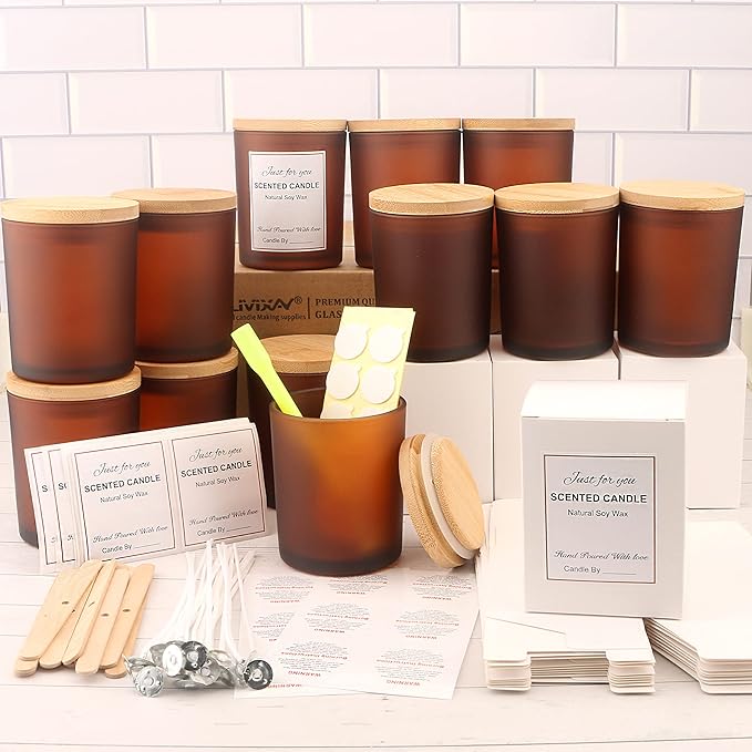 MILIVIXAY 12 Pack 10 OZ Frosted Amber Glass Candle Jars with Lids and Candle Making Kits - Bulk Empty Candle Jars for Making Candles - Spice, Powder Containers.