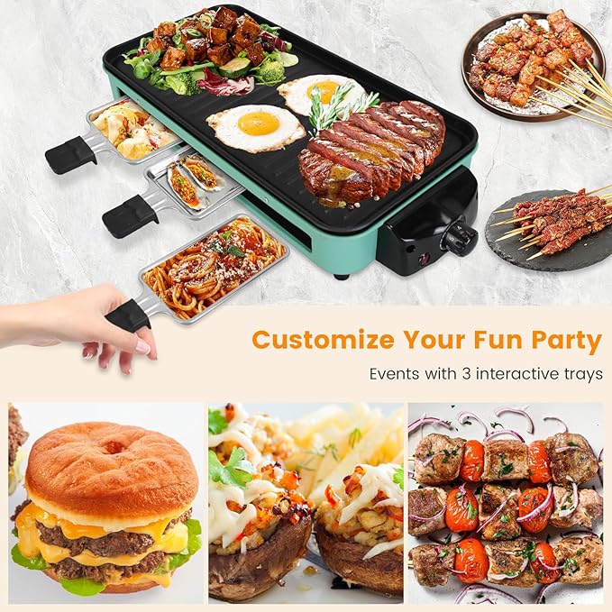 1500W Electric Indoor Grill,2 in 1 Portable Smokeless Indoor Raclette Table Grill,Korean BBQ Grill for Kitchen with Grill Net & Non-Stick Cooking Removable Plate 5 Temperature Control,Dishwasher Safe