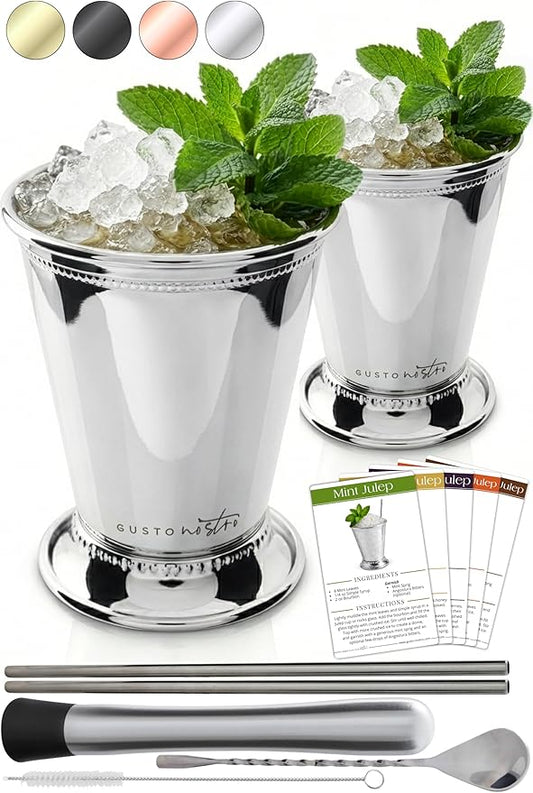 Gusto Nostro Mint Julep Cups Set of 2 - Stainless Steel Julep Cup Kit with Straws, Muddler, Spoon,Recipes, Vases - Southern-style Cocktail Glasses for Home Bar - Stainless Steel Cocktail Cups (Silver)