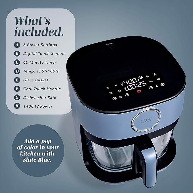 COOK WITH COLOR 1400W 5.5Qt Digital Kitchen Air Fryer with Glass Basket, 8 Presets Healthy Cooking Options, Bake, Fry, Reheat, 60-Min Timer, Adjustable Temperature Control 175°F–400°F, Slate Blue
