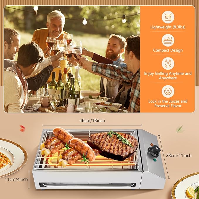 1800W Countertop Electric Griddle Flat Top Grill - Portable Barbecue, Smokeless Indoor, Non-Stick Cooking, Removable Plate BBQ With Temperature Control 110V