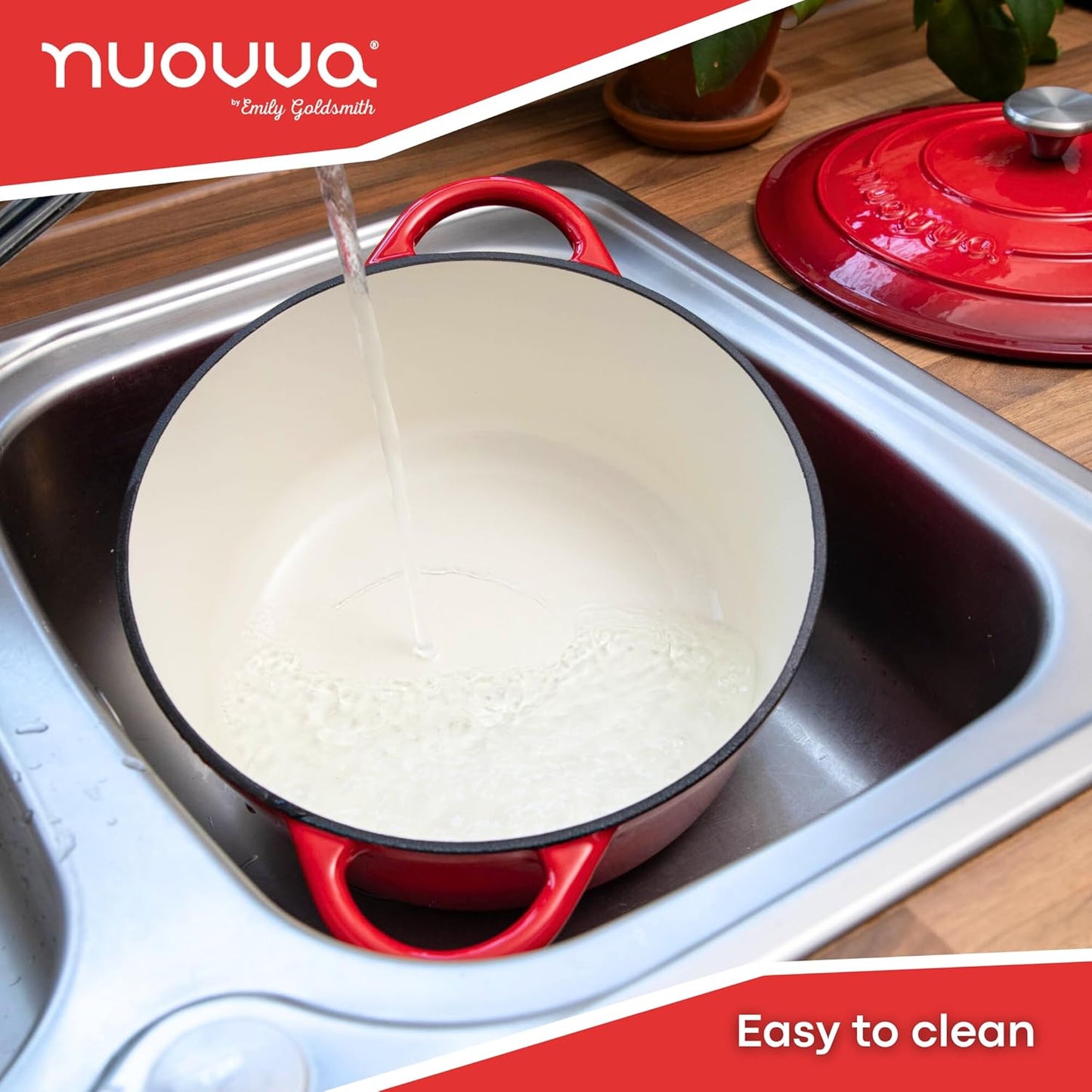 Cast Iron Dutch Oven with Lid – Non-Stick Ovenproof Enamelled Casserole Pot – Sturdy Dutch Oven Cookware – Red, 7.3-Quart, 30cm – by Nuovva