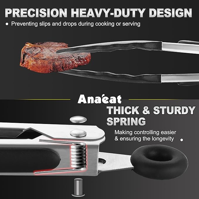 Anaeat Non-Stick Silicone Locking Tong Set of 3 - Stainless Steel 7, 9 and 12 inch Kitchen Food Tongs with Non-Slip Silicone Tips and Grip for Cooking, Baking and BBQ - Heavy Duty & Heat Resistant