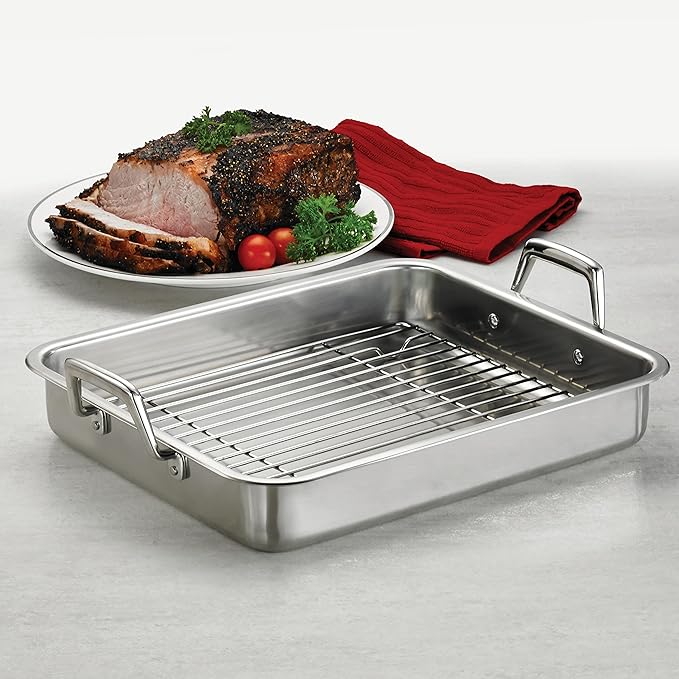 Tramontina 13.5-Inch Stainless Steel Roasting Pan with Rack, Turkey Roaster for Oven, Dishwasher Safe, Made in Brazil