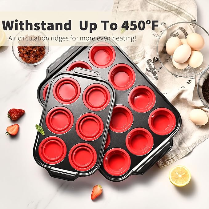 Silicone Muffin Pan, 2024 New Metal Frame Muffin Tin Egg Bites Cupcake Pan, Silicone Mini Muffin Pans for Baking Nonstick 12, Oven and Dishwasher Safe Silicone Molds, Red