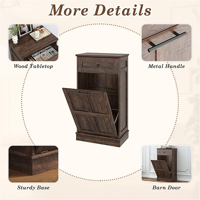 chartustriable Farmhouse Tilt-Out Trash Can Cabinet, 13 Gallon Laundry Hamper with Drawers, Wooden Hidden Garbage Can Cabinet w/Storage for Kitchen & Living Room, Brown