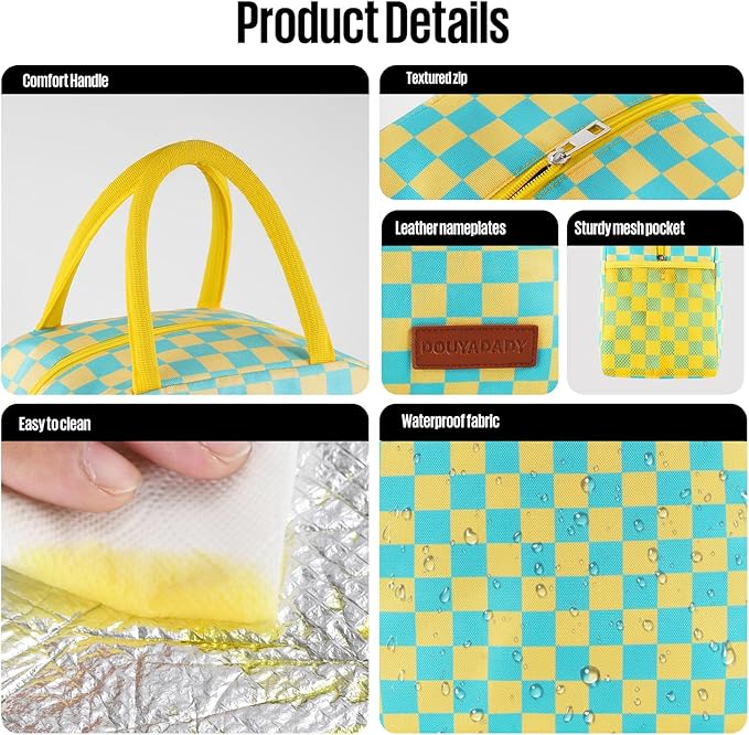 douyadady Lunch Bag Women/Men Lunch Box Women/Men (Yellow+Blue Checkerboard)