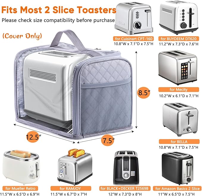 BAGSPRITE Toaster Cover for 2 Slice Wide Slot, Full Open Dust Covers for Kitchen Appliances Compatible with Cuisinart, BELLA, Black and Decker 2 Slices, Toaster Bags with Zipper Closure (Cover Only)
