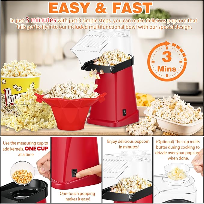 Hot Air Popcorn Popper Maker with Popcorn Bowl, Fast Popcorn Machine in Minutes with Measuring Cup and Butter Melting Tray for Party Kids,1200W