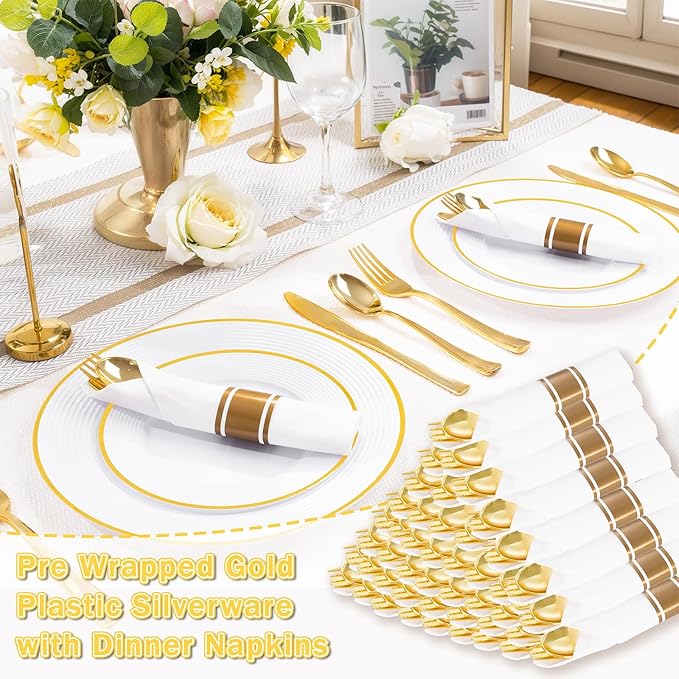 Liacere 100Pack Pre Rolled Gold Silverware and Napkin-Disposable Gold Plastic Utensils-Wrapped Plastic Cutlery Set with Napkin:100 Forks,100 Knives,100 Spoons,100 Napkins for Wedding&Thanksgiving
