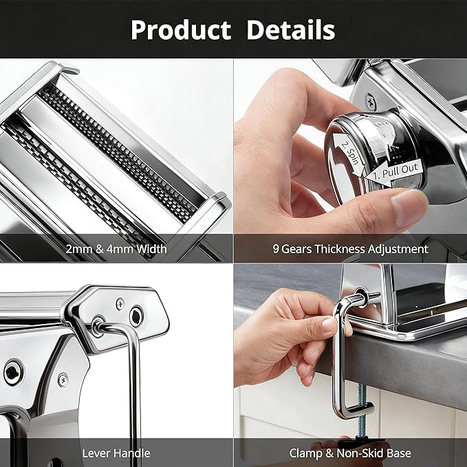 Pasta Maker, METLUCK Stainless Steel Pasta Machine Manual Roller Pasta Maker with 9 Thickness Settings for Spaghetti Linguine Fettuccine Lasagne, Includes Dough Cutter & Hand Crank