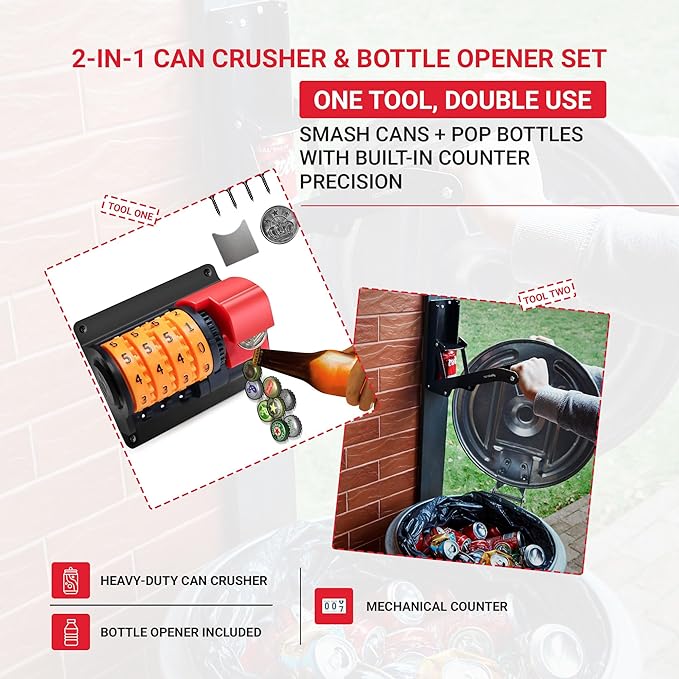 2-in-1 Can Crusher & Bottle Opener Set – Wall Mounted Aluminum Can Crusher for 12 & 16 Oz Cans with Mounting Hardware – Built-In Beer Bottle Opener with Digital Counter – Man Cave, Kitchen, Bar Gift