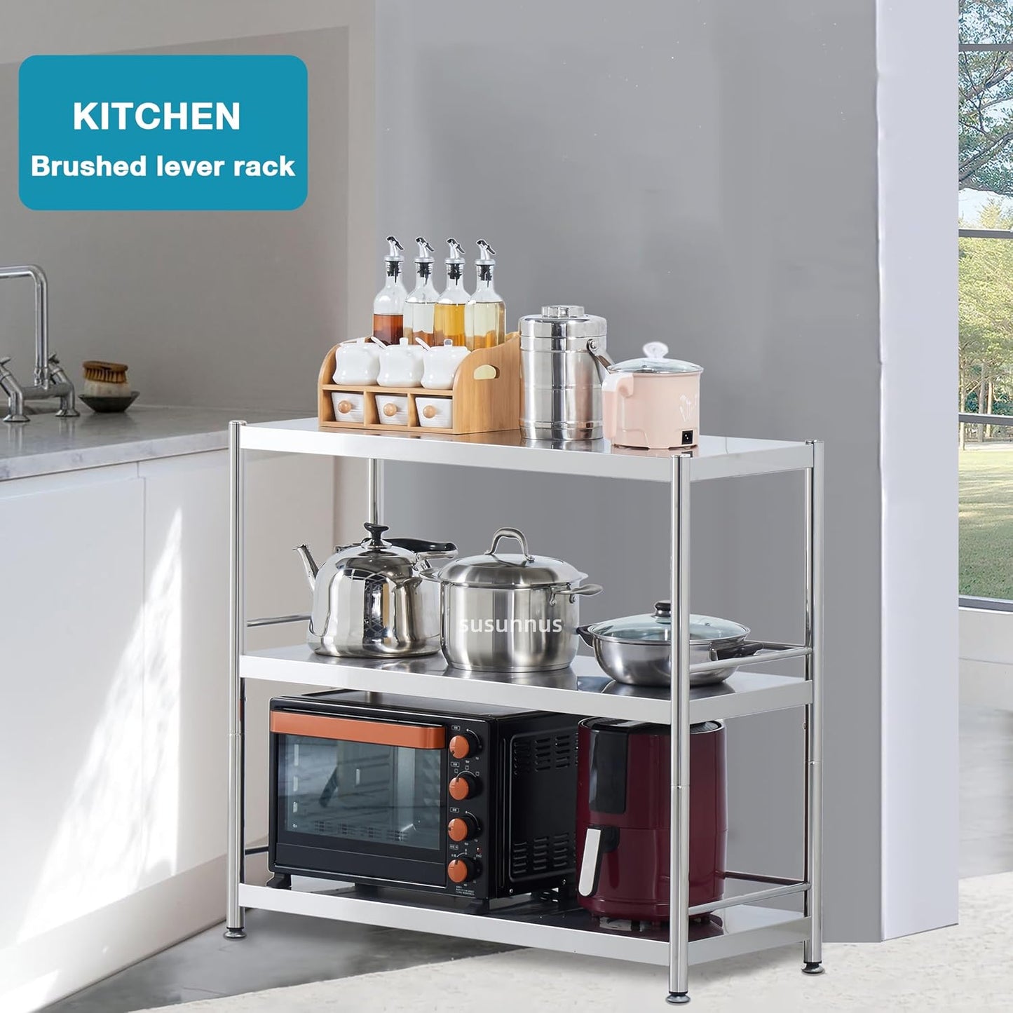 susunnus Stainless Steel Shelves 4 Tier Storage Shelves for Kitchen Garage Shelves Heavy Duty Shelving Metal Shelving Units and Storage Kitchen Industrial Storage Rack(with Guardrails)
