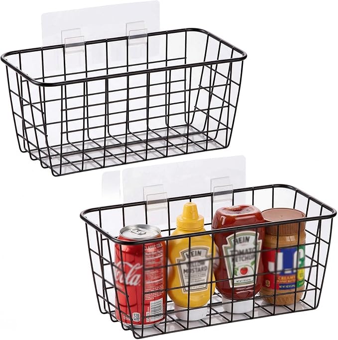 2 Set Adhesive Hanging Wall Basket Inside Cabinet Door Organizer,Wall Storage Basket-No Drilling Adhesive wall Basket for Cupboard Door,Space-Saving Small Hanging Baskets for Wall Mount Storage,Black