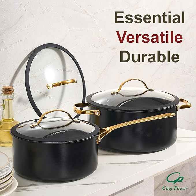 Chef Power Ceramic Cookware Sets, 10Pcs Pots and Pans Set Non Stick, Cookware Set with Stainless Steel Handle, Dishwasher & Oven Safe, Stone Black and Light Gold Handle