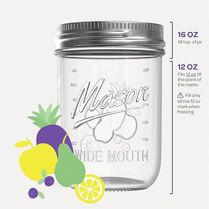 SEWANTA Wide Mouth Mason Jars 16 oz [5 Pack] With Mason Jar Lids and Bands, Mason Jars 16 oz - For Canning, Fermenting, Pickling - Jar Décor - Microwave/Dishwasher Safe.