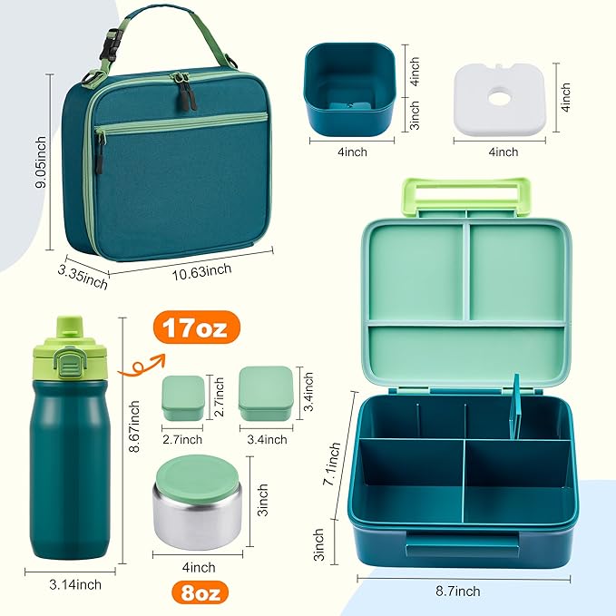 Bento Lunch Box for Kids with 8oz Soup Thermo, Leak-proof Lunch Food Containers with 5 Compartment, Insulated Lunch Bag & 17oz Stainless Steel Water Bottle for School, Trvael
