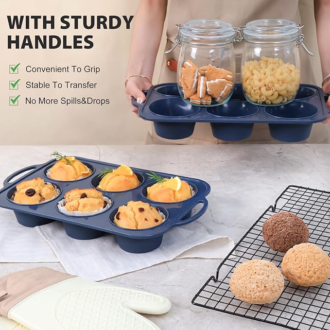 2 Pack Jumbo Silicone Muffin Pan with Metal Frame, Non Stick Silicone Cupcake Pan with Handles 6 Cup, BPA Free Silicon Muffin Tin Tray Extra Large for baking, egg bites, Cupcake Mold Grey