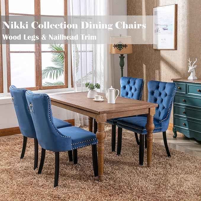 Upholstered Dining Chairs Set of 6, Velvet Dining Room Chairs with Back Ring Pull Trim and Solid Wood Legs, Tufted Wingback Kitchen Chair Perfect for Dining Room,Living Room,Kitchen(Blue)