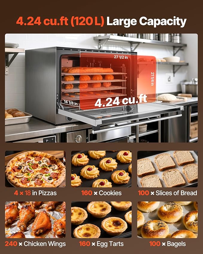 VEVOR Commercial Convection Oven, 4.24 cu.ft Countertop Oven for Full-Size Pans, Electric Convection Ovens with 4 Racks, 360° Hot Air Circulation, for Bakery, Restaurant & Pizza Shop (208-240V 5000W)