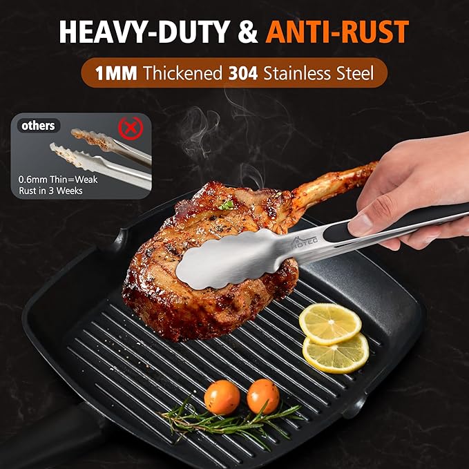 Hotec Stainless Steel Kitchen Tongs, Set of 2-12", Locking Metal Food Tongs for Cooking, Serving, BBQ, Grill Non-Slip Grip