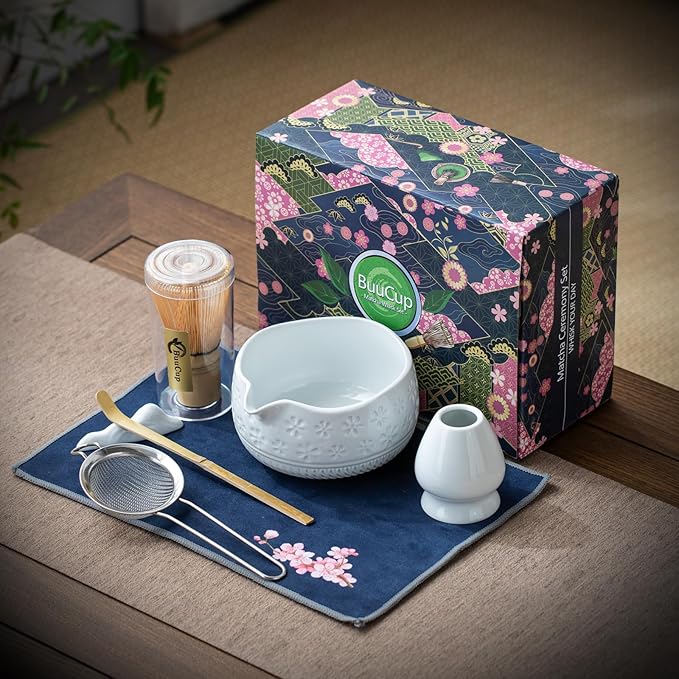 Buucup Matcha Whisk Set, Ceramic Matcha Kit Set Includes Matcha Bowl, Matcha Whisk and Holder, Bamboo Scoop, Scoop Rest, Sifter and Tea Towel - 7 Pcs Matcha Kit for Matcha Lovers(White)