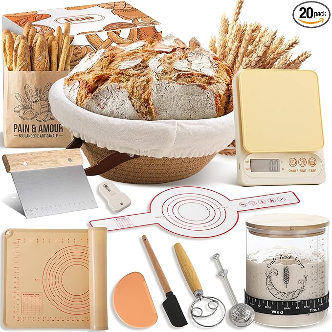 Emojoy Sourdough Starter Kit, Sourdough Bread Baking Supplies with 9" Round Bread Proofing Basket, Large Capacity Sourdough Starter Jar, Food-Grade Silicone Pastry Mat, Kitchen Scale