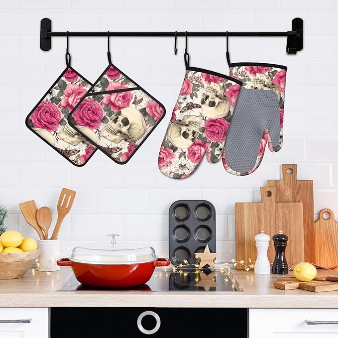 Skull Rose Oven Mitts and Pot Holders Sets 4Pcs Silicone Non-Slip Mitts Heat Resistant Gloves Hot Pads for Kitchen Cooking Baking Grilling BBQ
